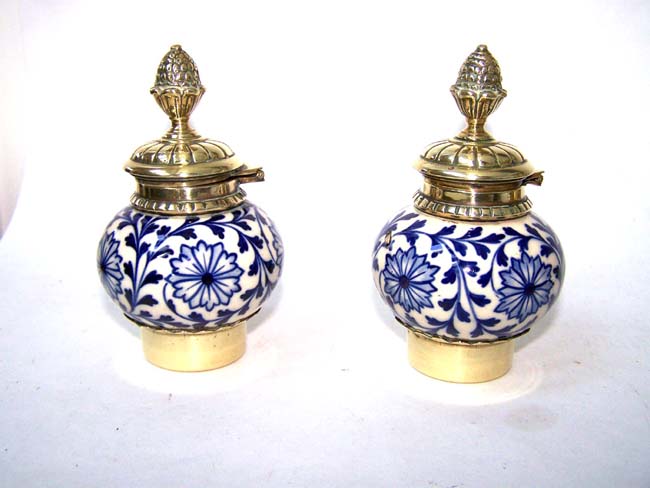 A Beautiful Victorian Brass Instand with two Porcelain Inkwells and a Brush Wipe circa 1875 — image 3